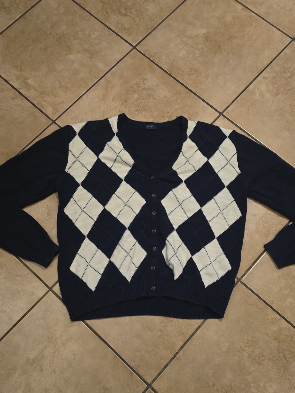 Womans John Galt Brandy Melville Navy Argyle Button-Up Cardigan Sweater Sz L